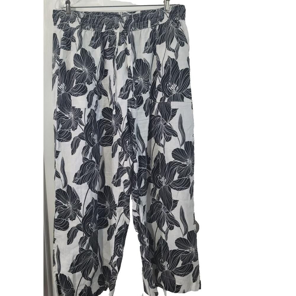 Tahari XL pants linen flower lightweight pockets elastic waistband straight